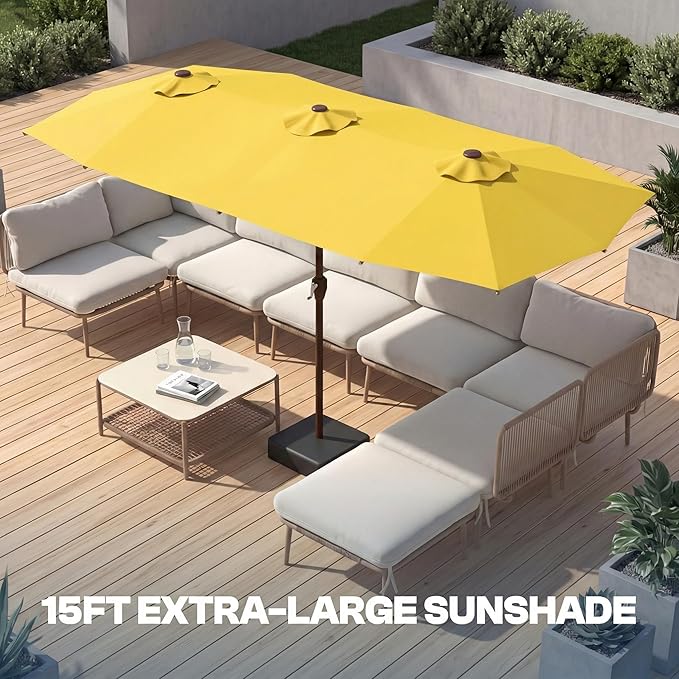 Large Patio Umbrella with Solar Lights and Base, Double-Sided Outdoor Rectangle Umbrella with 48 LED Lights, Market Table Umbrellas with UV Resistant Canopy