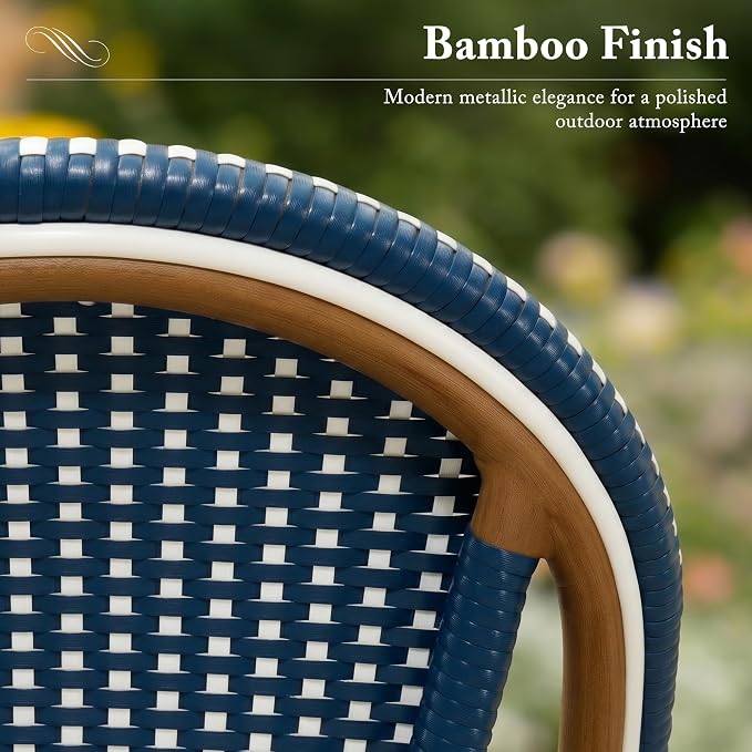 PURPLE LEAF 3-Piece French Bistro Dining Set Round Outdoor Patio Table and 2 Armless Chairs Tempered Glass Top PE Rattan Bamboo Print Finish Aluminum Frame Navy Blue