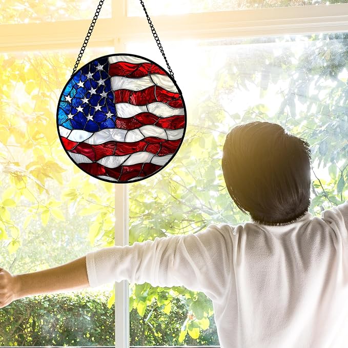 DASTOLL Stained Glass Window Hanging, Blue, White Red National Flag Pattern Sun Catchers Diamond Glass Panel Window Hangings Decor for Birthday Gifts for Women, Men, and Mom 7.8x7.8 in