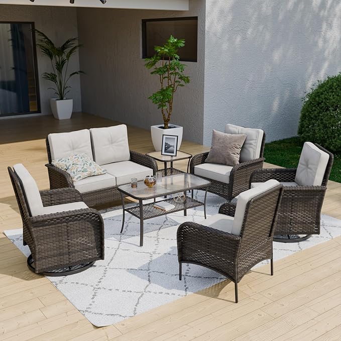 COOS BAY Vintage Courtyard Patio Furniture Set, Wicker Outdoor Furniture, Patio Conversation Sets, 2 Chairs, 2 Swivel Rockers, Loveseat, Coffee Table and Side Table, 7 Pieces, Gray/Beige