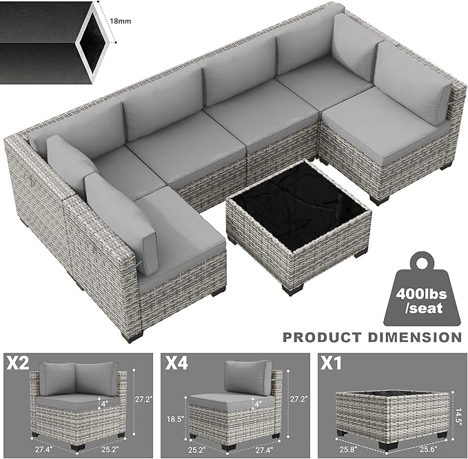 7-Piece Patio Furniture Set, Outdoor Sectional with Thick Cushions, Modular Patio Sofa, Dual-Strand Wicker Rattan, Rust-Resistant Frame, Backyard Furniture for Garden, Deck, Grey