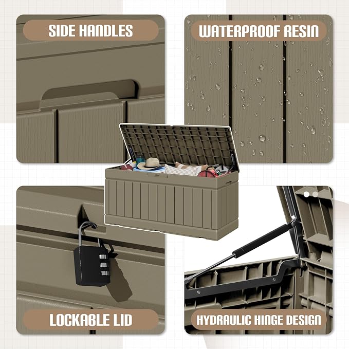 JUMMICO 78 Gallon Outdoor Deck Box Large Resin Storage Box for Patio Furniture Cushions and Garden Tools (Light Brown)