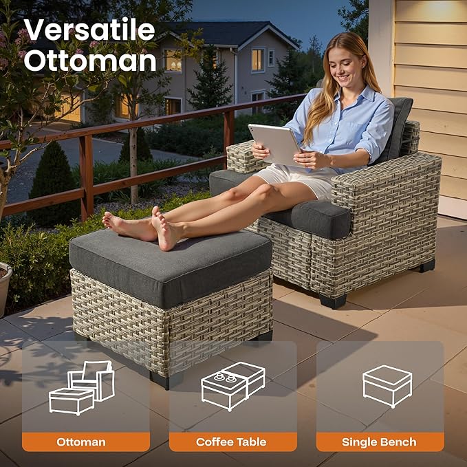 ovios 7 Piece Patio Sectional Furniture, Rattan Wicker Coversation Couch Set, Outdoor Sofa Set for Outside Porch Balcony Backyard Pool,Black