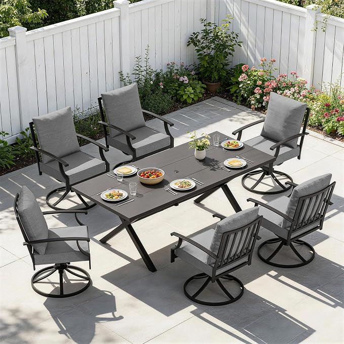 7 PCS Outdoor Patio Dining Set,Patio Table and Chairs Metal Outdoor Patio Furniture Set with Umbrella Hole,Dining Table Set with 6 Swivel Chairs for Deck,Backyard and Garden,Grey