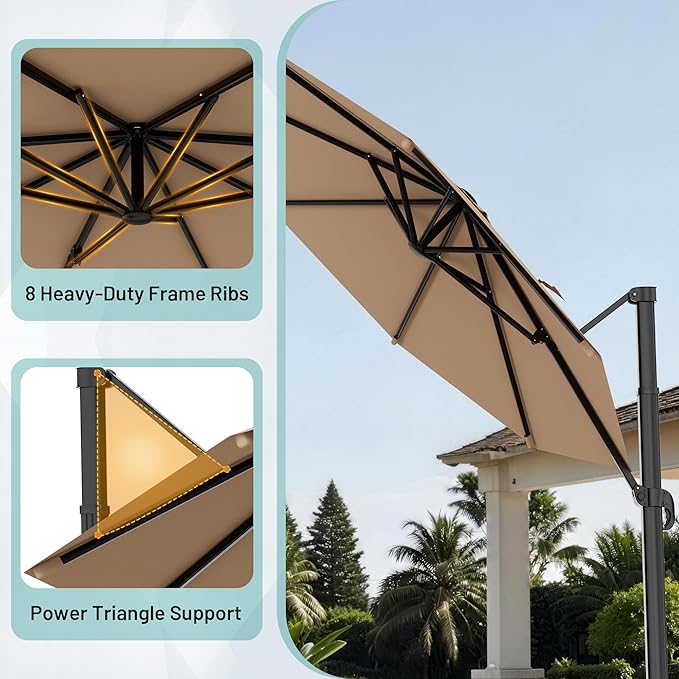 AreShark 11FT Cantilever Patio Umbrella, 360-Degree Rotation Round Hanging Offset Umbrella with Crank, Heavy Duty Patio Umbrella for Patio, Pool, Garden, Deck, Beige