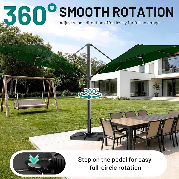 AreShark 11FT Round Cantilever Patio Umbrella with Base Included, 360° Rotation Offset Outdoor Umbrella, 5 Tilt Settings Heavy Duty Hanging Parasol for Deck Garden Pool, Dark Green