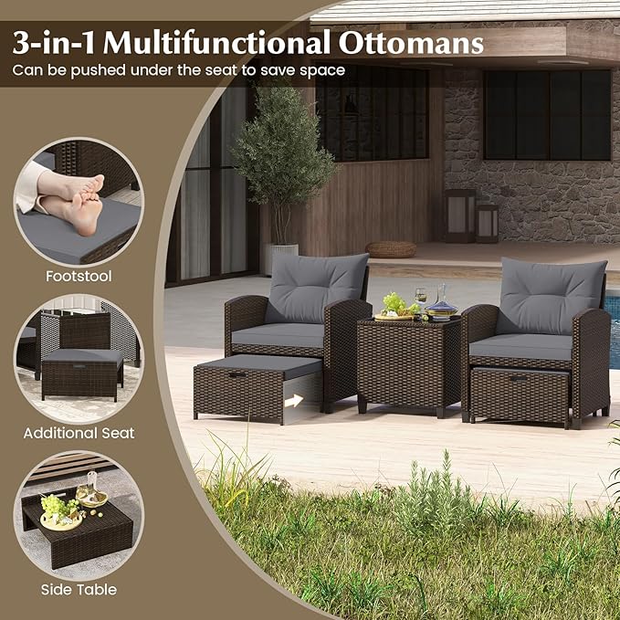 Tangkula 5 Pieces Patio Conversation Set, PE Wicker Rattan Outdoor Furniture Set with 2 Chairs, 2 Ottomans & Tempered Glass Coffee Table, Ideal for Poolside, Backyard, Lawn, Deck, Mix Brown & Grey