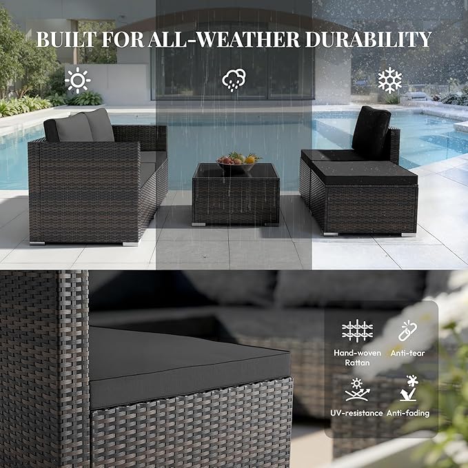 WWR Patio Furniture Set- All-Weather, Thick Cushions & Wide Armrests -5 Piece Outdoor Patio Conversation Couch Sets, Wicker Rattan Outdoor Sectional Sofa for Garden, Patio, Poolside