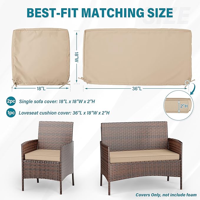 3 Pack of Outdoor Seat Cushion Replacement Set Suitable for 4 Pieces of Wicker Rattan Furniture Terrace Guest Set Sofa Chair (36x18x2, 18x18x2), Only Cover