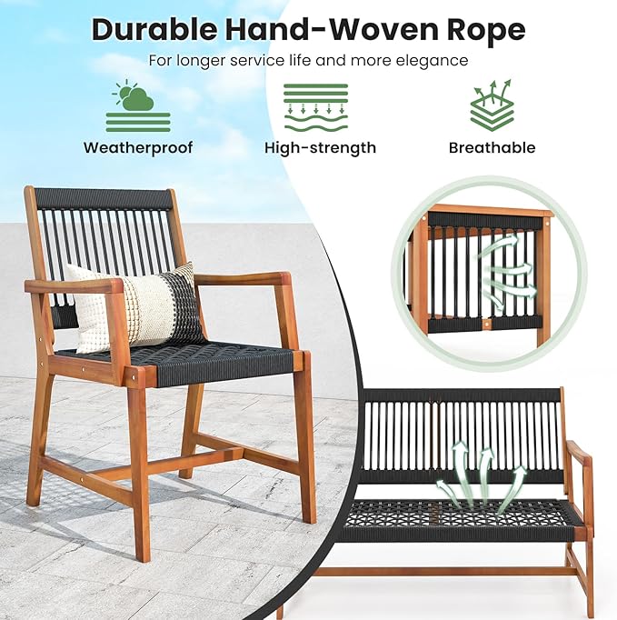HAPPYGRILL 4 Pieces Patio Furniture Set Acacia Wood Conversation Set with Hand-Woven Rope Design, Ergonomic Loveseat & Single Chairs, Wooden Chair & Table Set for Porch Yard Poolside