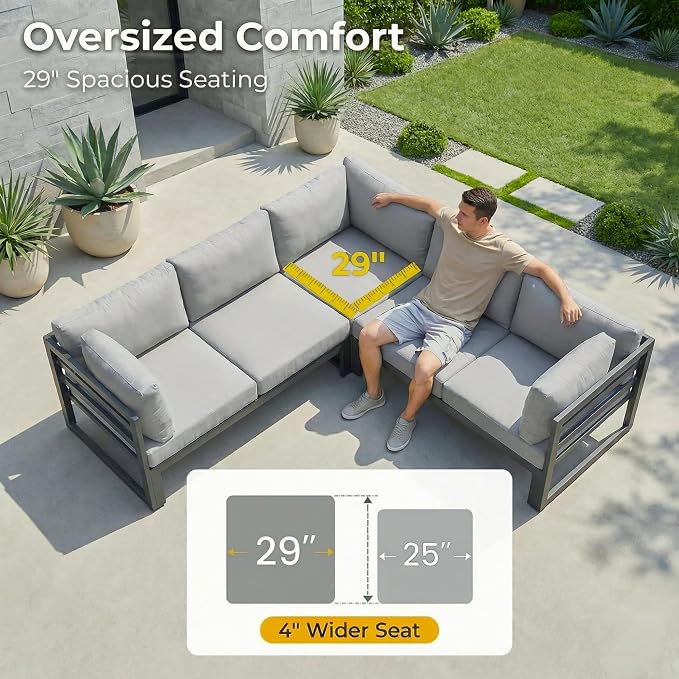 RADIATA 9 Piece Large Contemporary Aluminum Outdoor Furniture Set with Sun Bed & Fire Pit Table, 29 inch Deep Couch Set, 500 lbs High Weight Capacity, Patio Sectional Sofa for Poolside, Light Gray