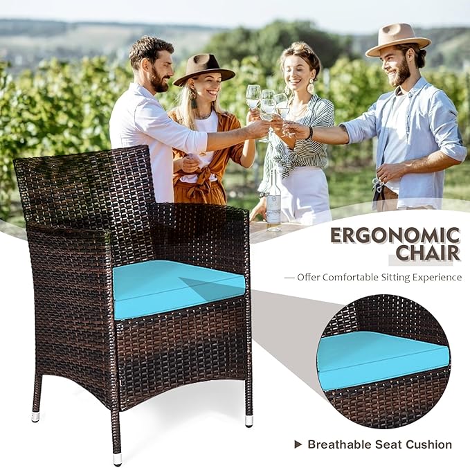 DORTALA 3 Piece PE Rattan Patio Furniture Set, Outdoor Chairs & Table Set with Tempered Glass Top & Cushions, Wicker Conversation Set for Garden Backyard, Turquoise