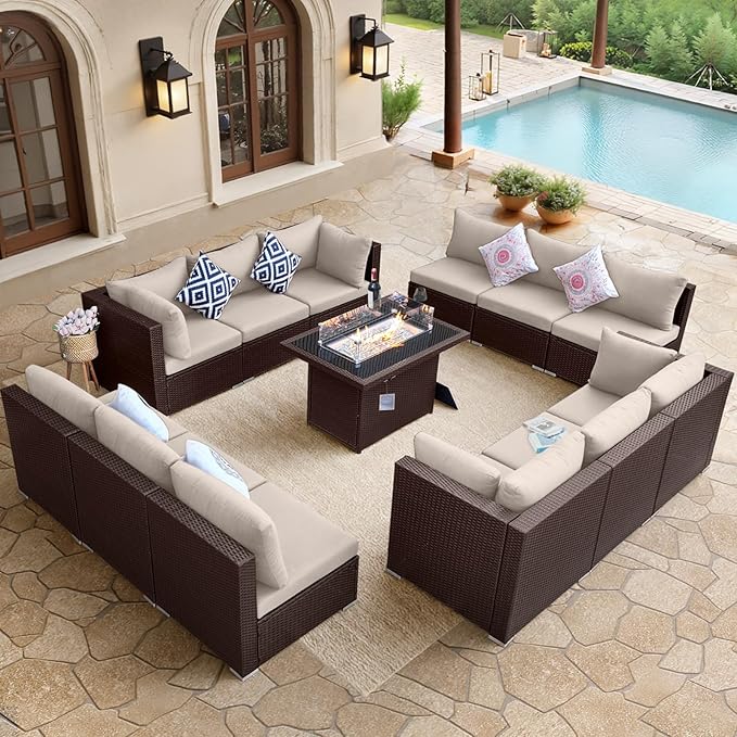 BULEXYARD 13 Piece High Back Wicker Patio Furniture Sets with Fire Pit, All-Weather Heavy Duty Outdoor Seating Set Modular, Extra Deep Wide 12-Person Sectional Couch Sofa for Backyard, Brown & Beige
