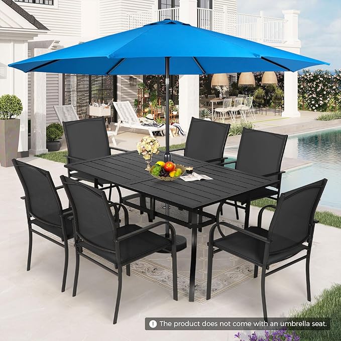 Incbruce 8 Pieces Patio Dining Set with Sky Blue Umbrella, Outdoor Dining Set of 6 Textilene Chairs and Rectangle Table with Umbrella Hole for Backyard, Garden, and Poolside (Black)