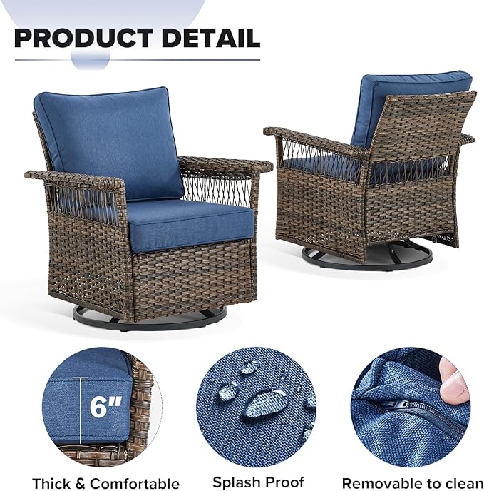 Outdoor Wicker Patio Furniture Set - 5 Piece Rattan Patio Conversation Sets with 2 Swivel Rocking Chairs,2 Ottomans and 1 Side Table for Porch Deck Garden(Brown/Blue)