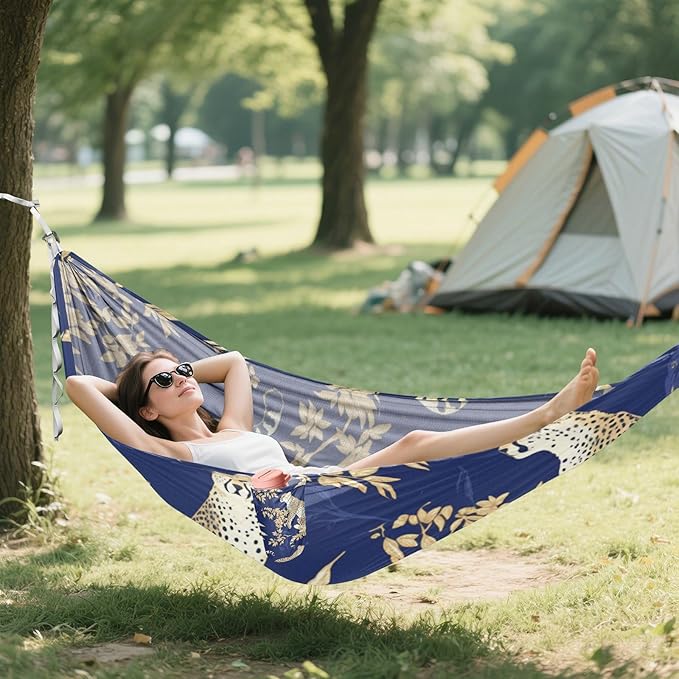 Blue and Gold Leopard Leaves 330lb Capacity Hammocks with Hanging Rope Fabric Hammock for Patio Backyard Lounge Base hamacas para adultos con soporte