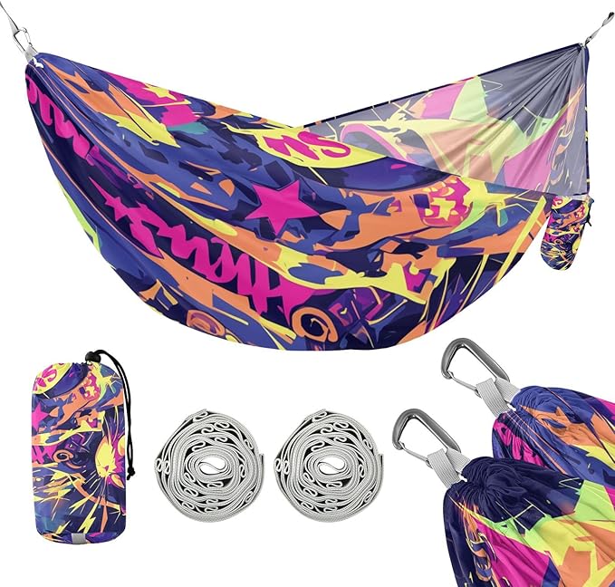 Cartoon Cat Graffiti Style Colorful 330lb Capacity Outdoor Hammocks with Portabl Carry Bag Rope Hammock for Patio Backyard Lounge Base hamaca con soporte para adultos