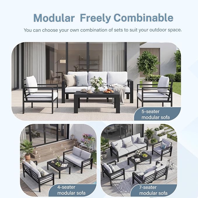 Aluminum Patio Furniture Set, 3 PCS Metal Oversized Outdoor Furniture Set Washable Thick Cushions, 4 Seat Patio Conversation Set with 3.54” Wide armrest and Coffee Table for Patio, Garden