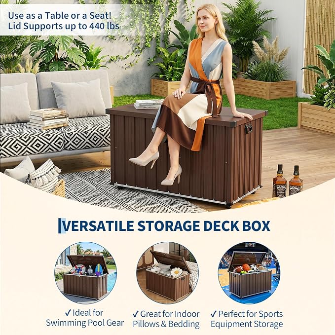 Metal Deck Box Outdoor Patio Storage Container with Wheels, 150 Gallon Heavy-Duty Steel Storage Chest Built with Galvanized Frame & Coated Panels, Large Weather-Resistant Bin for Deck, Porch, Pools