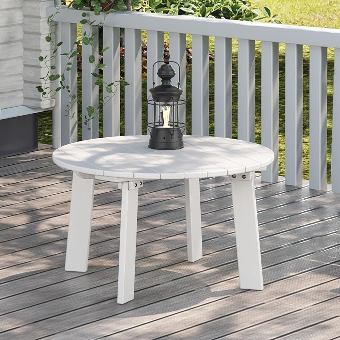 31.5" Outdoor Round Coffee Table, Adirondack Patio Coffee Table, Outdoor Large Side Table for Balcony Lawn (White)