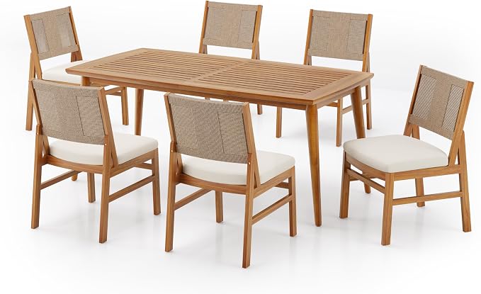 Christopher Knight Home 7 Piece Outdoor Dining Set, 71" Acacia Wood Patio Table with 6 Light Brown Wicker Chairs and Cream Cushions, Teak Finish Wood Dining Table Set for Backyard Garden Porch Deck