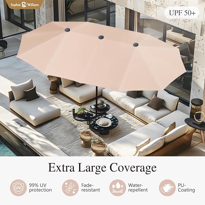Sophia & William Patio Set with Umbrella 8 Pieces Outdoor Dining Set for 6 with 13ft Double-Sided Umbrella Beige, 6 x Swivel Patio Chairs Brown, 1 Metal Table for Lawn Garden (No Umbrella Base)