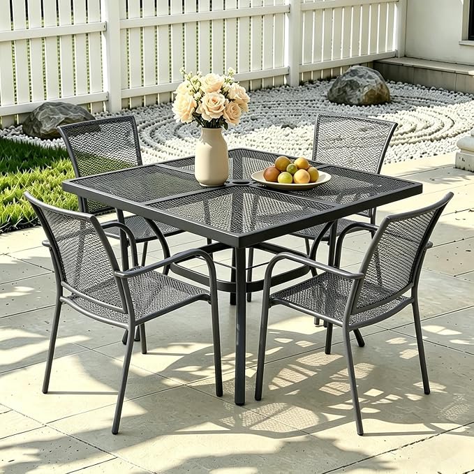 Square Metal Mesh Patio Dining Table for 4, Black Electroplated Steel Outdoor Dining Furniture Table with Umbrella Hole, Patio Furniture for Backyard, Porch, Deck