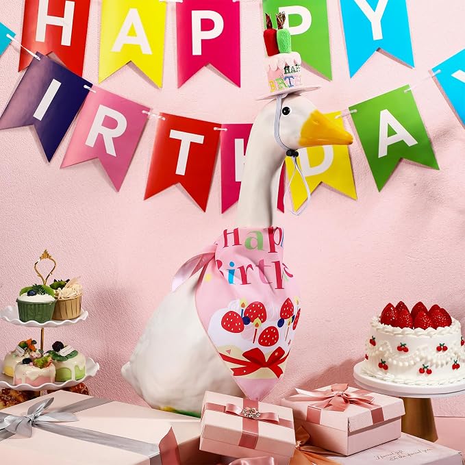 Dansydaisy Happy Birthday Goose Outfit Porch Goose Outfits with Happy Birthday Cake Hat and Bandana Yard Geese Outfits for 23" 17" Cement Plastic Geese Duck Decorations(Style 2,Pink)