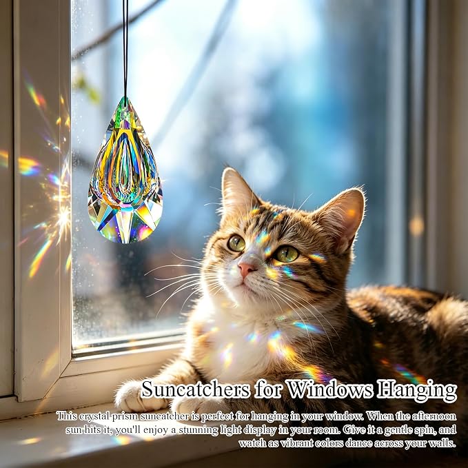 YU FENG 4.7 Inch Crystal Prism Suncatcher, Window Hanging Rainbow Maker | Large Faceted Crystal Pendant, Teardrop Crystal, Window Hanging Ornament, Bright Rainbow Effect, Garden Home Decoration