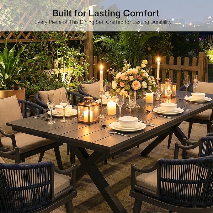PURPLE LEAF 9 Pieces Outdoor Dining Set All Weather Wicker Patio Dining Set with Rectangular Aluminum Table and Modern Armrest Dining Chairs for Garden Deck Backyard Kitchen, Grey