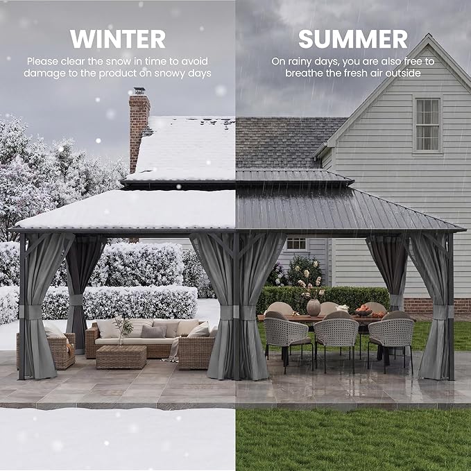 UDPATIO 12'x16' Permanent Hardtop Gazebo with Galvanized Steel Double Roof for Patio Backyard Garden, Curtains and Netting Included, Grey