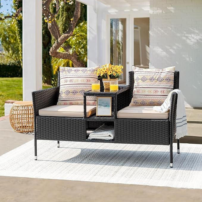 2 Seat Rattan Patio Conversation Set Beige Modern Outdoor Patio Loveseat with Built in Coffee Table for Garden Lawn Backyard