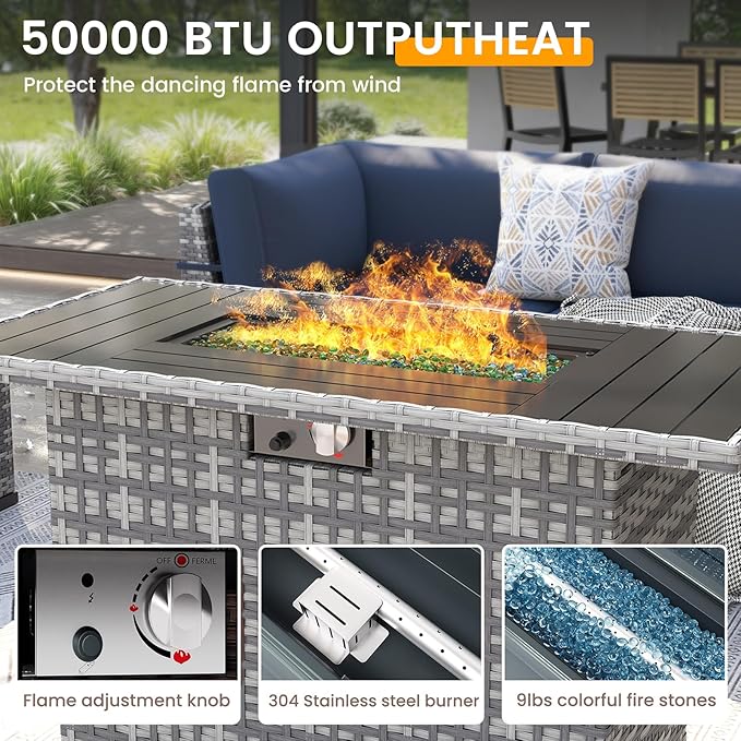 UDPATIO Patio Furniture Set with Fire Pit Table, 8 Pieces Outdoor Sectional Sofa, PE Wicker Patio Conversation Set for Garden, Backyard (Blue Cushions with Grey Rattan)