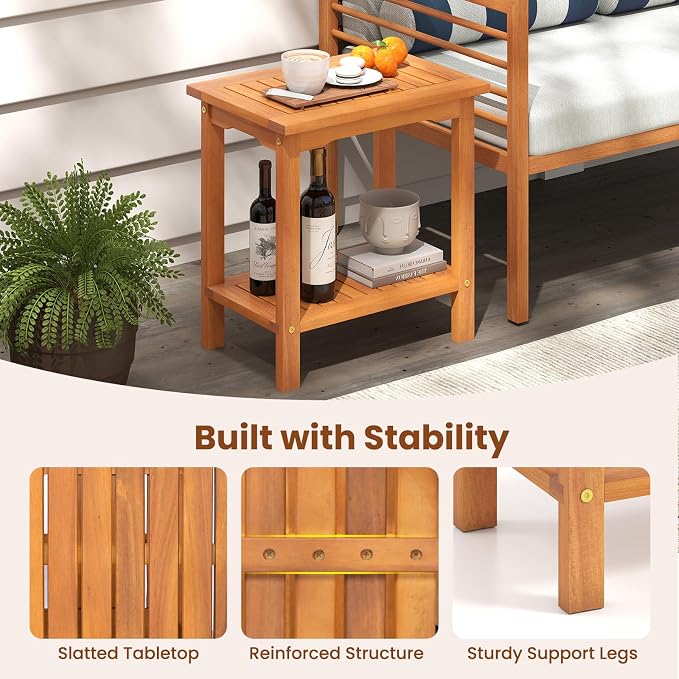 Tangkula Outdoor Side Table, 2-Tier Patio End Table with Slatted Tabletop & Storage Shelf, Acacia Wood Accent Bistro Table for Backyard, Poolside, Garden, Indoor, Natural (2)