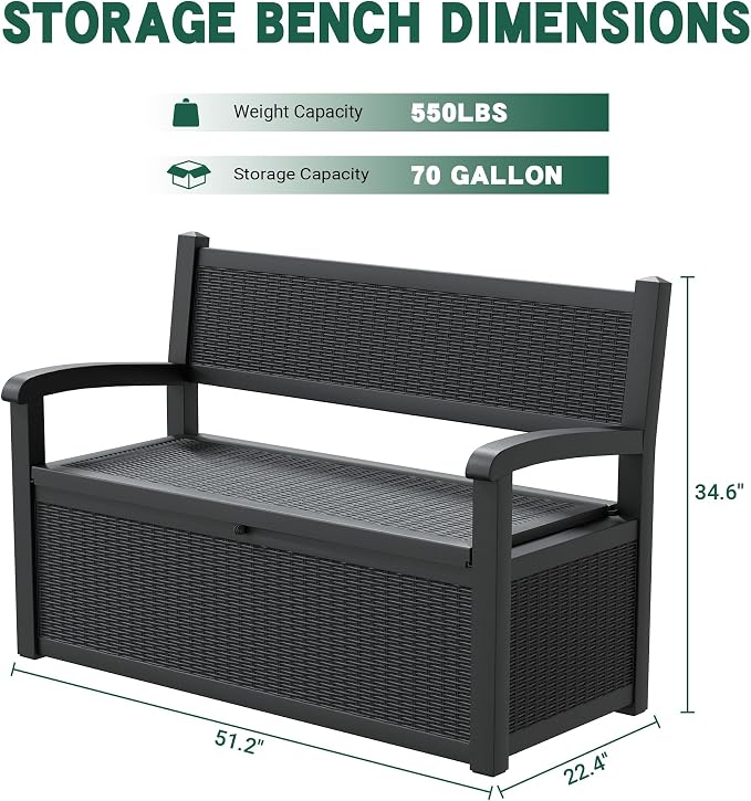 NUNU LAB 70 Gallon Outdoor Storage Bench Deck Box, Lockable Patio Furniture,Resin Outdoor Bench with Armrest,Waterproof Garden Decor,outdoor storage box,for Garden Tools,Cushions and Pool Supplies