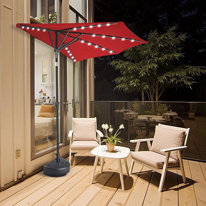 FLAME&SHADE 9 FT Solar Half Patio Umbrella with 25 LED Lights, Half Outdoor Umbrella with Button Tilt, Half Round Table Umbrella For Deck, Backyard, Balconies, Decks, Rvs, UV Protection (Red)