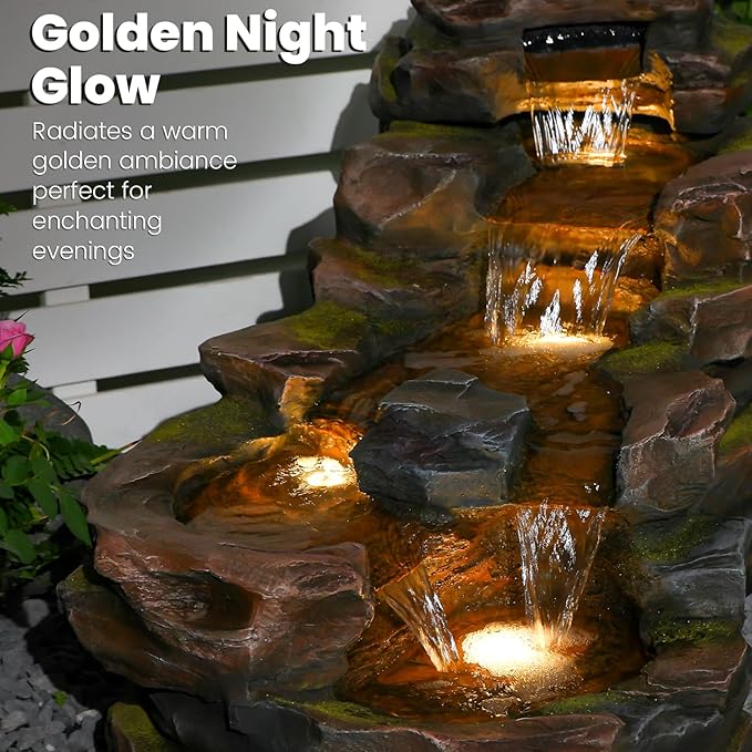 Sunlinua Water Fountain Outdoor Floor Standing 5-Tiers Rock Natural Waterfall Outdoor Garden Fountains with LED Lights for Patio, Porch, Home Art Decor
