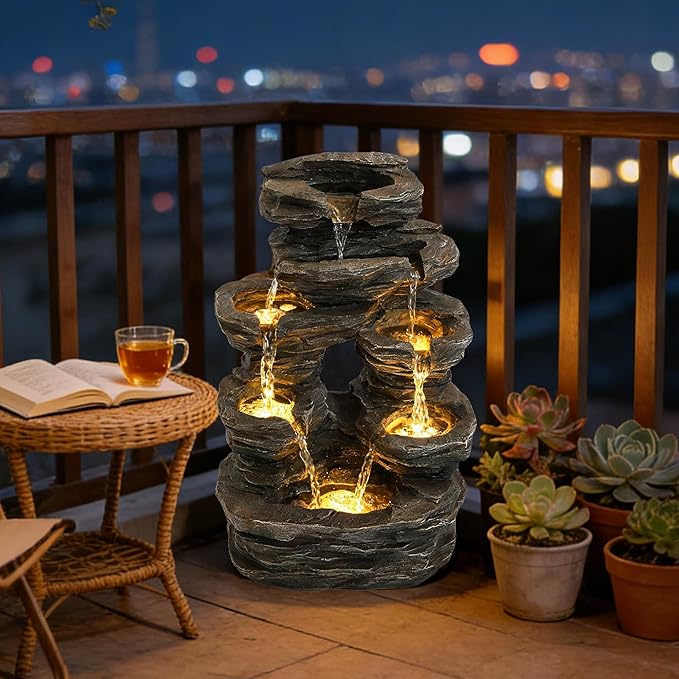 7-Tier Cascading Outdoor Fountain with LED Lights, 23" H Fountains and Waterfalls Stone-Look for Garden, Patio, Yard Decor