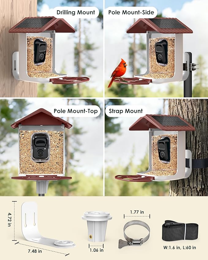 Bird Feeder with Camera Solar Powered, 2K Live Arrival Alert Auto Capture Video with 32GB TF Card, AI Identify Smart Camera Bird Feeder Ourdoor Backyard Gift for Mom Dad Birdlover, 2.4G WiFi