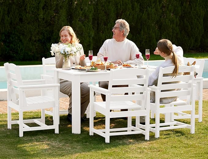 SERWALL Patio Dining Set for 6, Outdoor Dining Sets for 6 Person with 1 Umbrella Hole Cut-Out Rectangular Table and 6 Chairs, HDPE Dining Sets for Garden, Backyard, Poolside, White