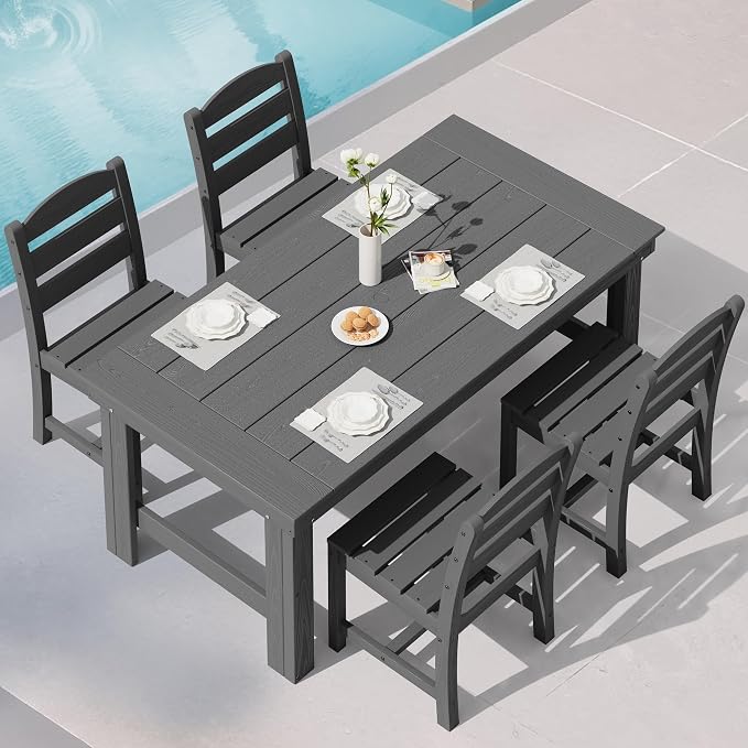 SERWALL HDPE Outdoor Dining Table and Chairs Set for 4 | with Armless Chair Seat
