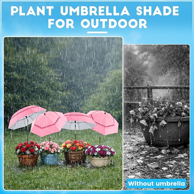 4 Pack 24.9" Double Canopy 47.2" Height Plant Umbrellas for Outdoor Plants, 3D Stakes 360° Adjustable Plant Shades for Outdoor Plants, Garden