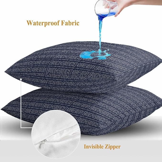 Outdoor Waterproof Throw Pillow Covers Set of 2 Navy Blue Stripes Grain Pillowcases 26x26 Inches Solid Color Decorative Pillows Cushion Case Patio Pillows for Couch Bed Chair Garden