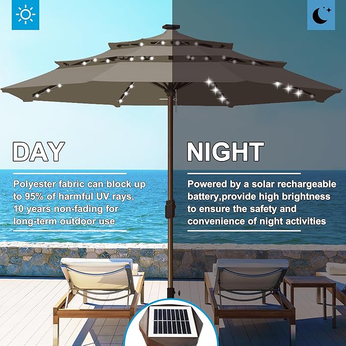 Eurmax USA 10-Year-Non-Fading 10FT 3-Tier Outdoor Patio Market Umbrella with LED Lights,UPF50+ UV Resistant,Commercial Grade,Crank Lift Design,Windproof Vented Top for Garden,Pool,Deck,Taupe