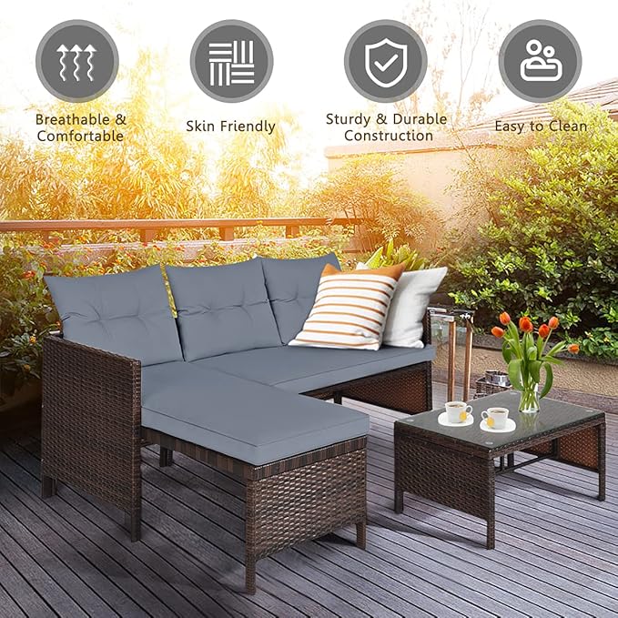HAPPYGRILL 3 PCS Patio Conversation Set Sectional Rattan Wicker Sofa Set with Steel Frame & Seat Cushion, Outdoor Table & Sofa Furniture Set for Garden Lawn Pool Backyard