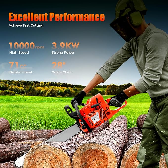 Gas Chainsaw, 28 Inch 71CC Handheld Gasoline Power Chainsaws, 3.9KW 2-Stroke Self-Reset Pull Start Portable Top Handle Chain Saw for Garden Pruning, Forest Logging, Orange