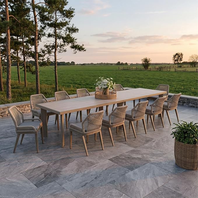 PURPLE LEAF 13 Pieces Patio Dining Set Aluminum Rectangular Table and Wicker Chairs with Cushions for Kitchen Porch Garden Modern Outdoor Furniture Sets, Light Grey