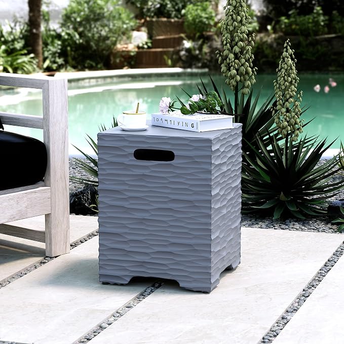COSIEST Outdoor Propane Tank Cover Table with Wave Design, 16 inch Outside Hideaway Tank Table, Hides Standard 20lb Tank, Gray