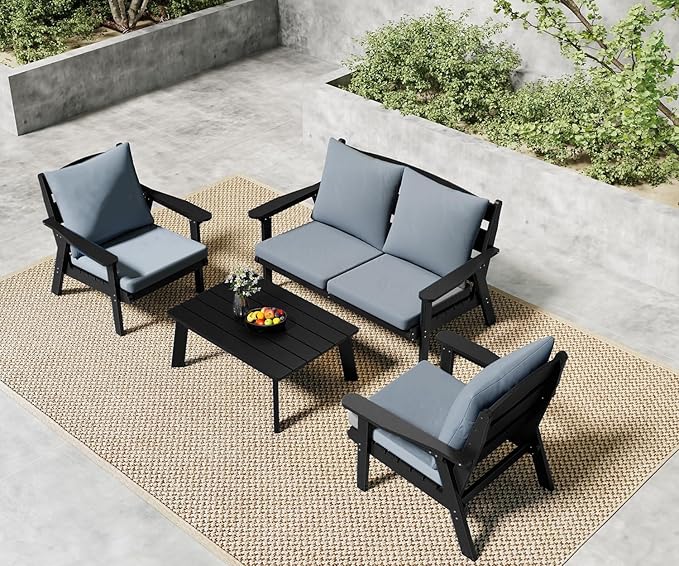 FOOWIN 4-Piece Patio Furniture Set, HDPE All-Weather Outdoor Conversation Set with Thick Cushions, Sectional Patio Sofa Furniture for Deck, Porch, Lawn, Garden, Black Frame & Grey Cushion