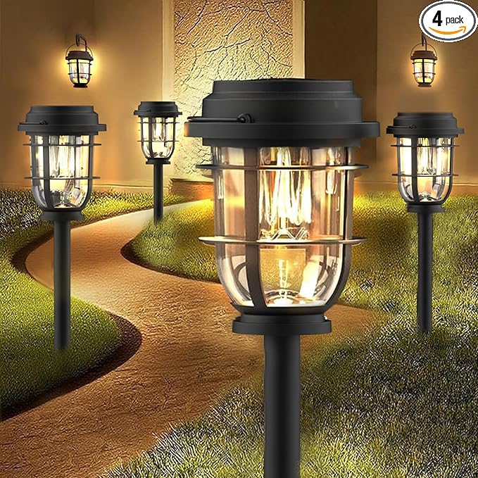 Vuees 4-Pack Solar Pathway Lights, Bright Auto Garden Lights Decor - Durable Landscape Lighting for Lawn, Patio, Walkway, Driveway, Housewarming Gift Ideas